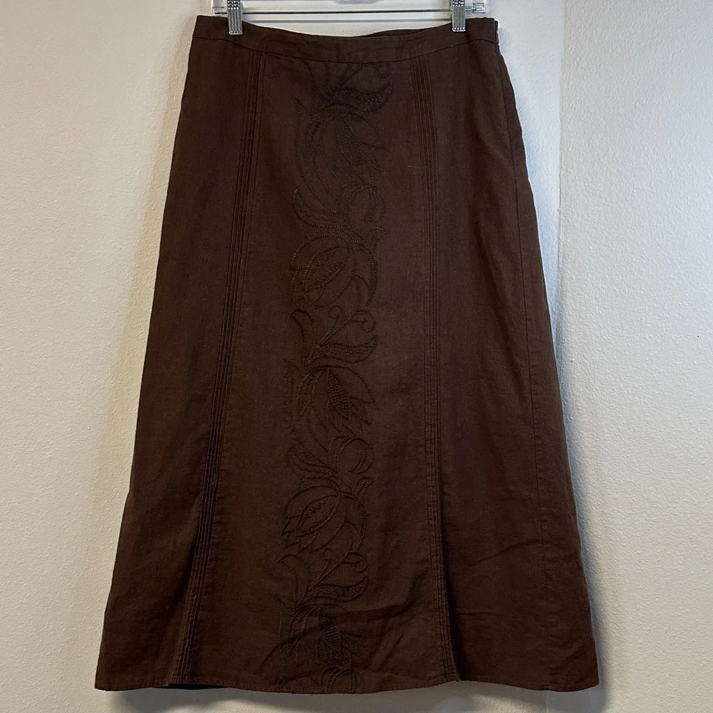Carole Little Brown Embroidered Linen Blend A-line Midi Skirt Size 10